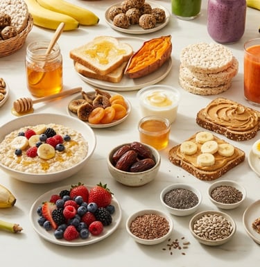Healthy breakfast spread with oatmeal, fresh berries, fruit, nuts, and whole grain toast on a white table.