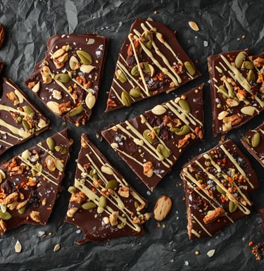 Homemade dark chocolate bark pieces topped with pecans, pumpkin seeds, and a white chocolate drizzle.