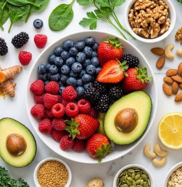 Overhead view of healthy superfoods including berries, avocado, kale, and nuts on a marble background.