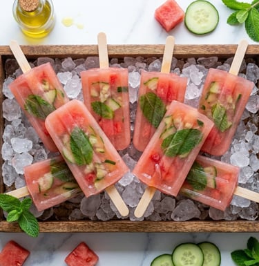 Refreshing watermelon cucumber mint popsicles served on a bed of ice in a wooden tray.