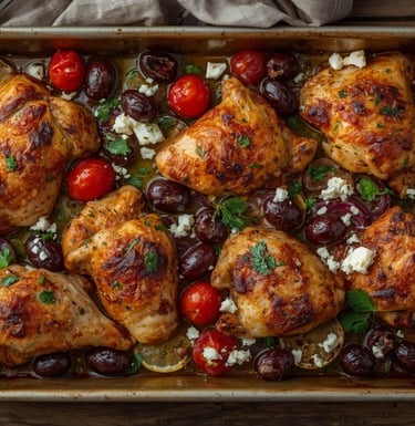 Baked Mediterranean chicken thighs in a pan with olives, tomatoes, and feta cheese.