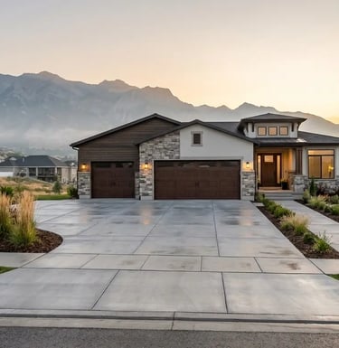 newly poured concrete driveway with a matching front walkway at a beautiful single-family home in Lehi, Utah