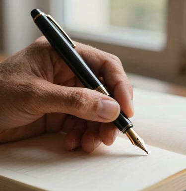 A close-up photograph of a writer's hand holding an antique fountain pen over a notebook. Soft window light highlights the terracotta skin tones and the soft sand color of the textured paper.