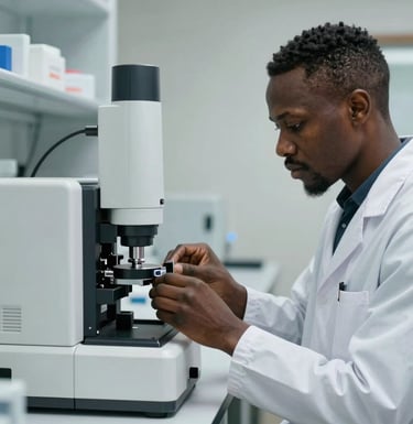 A professional West African biomedical technician in a laboratory setting, focused on calibrating a complex analytical machine. The lighting is crisp and modern, emphasizing precision and trust.