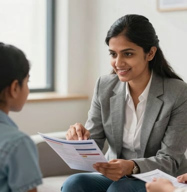 A professional photography shot of a counseling session in a bright office in India. A South Asian consultant in professional attire is smiling and pointing to a brochure while talking to a young student and their parent. The atmosphere is trustworthy, helpful, and warm, with soft natural light.