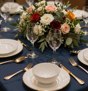 A detailed close-up photograph of a South Asian banquet table, featuring polished gold cutlery, fine white china, and a lush floral centerpiece on a deep navy blue runner.