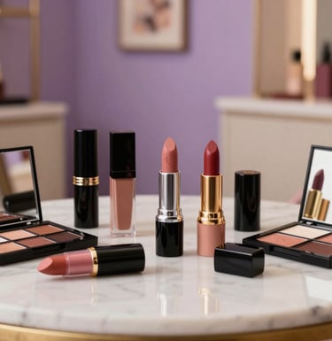 A professional and warm photograph of high-end cosmetic palettes and lipsticks arranged on a marble table. A soft-focus background shows a stylish Mexican boutique interior with neutral and soft purple tones. The lighting is elegant and flattering, highlighting the product quality.
