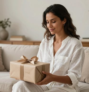 A sophisticated South American / Brazilian woman in a minimalist white linen outfit, holding a beautifully wrapped INNUÊ gift kit. She is in a bright, modern living room with refined decor. The mood is warm and welcoming.