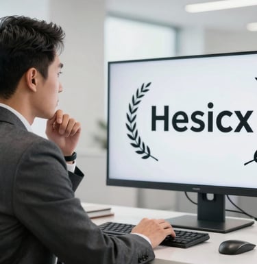 A professional man in a charcoal slate suit looking thoughtfully at a clean, white-themed dashboard on a large screen in a bright office.