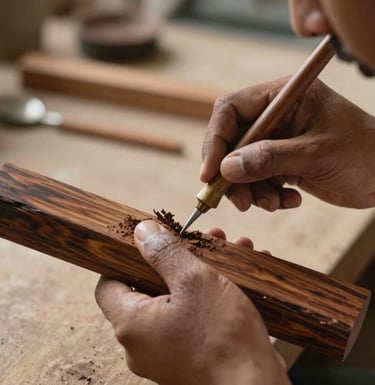 A close-up shot of an artisan's hands meticulously carving a piece of dark teak wood in a workshop filled with soft, natural light. South Asian / Indian with European influence craftsmanship context.