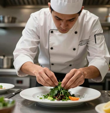 A professional chef in a clean, modern Brazilian kitchen, carefully garnishing a plate with fresh herbs. The scene conveys focus, hygiene, and culinary expertise.