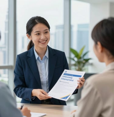 A professional and friendly scene of a Malaysian education consultant showing a university brochure to an international student. They are in a modern, brightly lit office with a glimpse of the Kuala Lumpur skyline in the background. The mood is supportive and trustworthy, featuring #346DAA and #F6F8F9 accents.