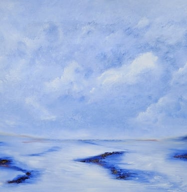 Abstract oil painting of a blue seascape with soft clouds and textured islands.