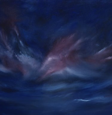 An abstract oil painting of a dark blue night sky with swirling purple nebula clouds and stars.