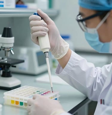 A close-up, sharp photograph of a researcher in a professional US-based laboratory environment, wearing protective gear and using a high-precision pipette. The focus is on the pipette and a tray of samples, with a soft-focus background of teal-colored equipment.