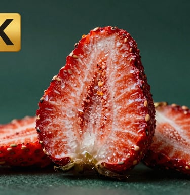 A macro photograph of freeze-dried strawberry slices showing the detailed crystalline structure and deep red color, set against a deep forest green studio backdrop.