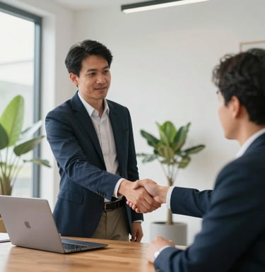 A medium shot of a Southeast Asian male consultant in a business casual navy blazer shaking hands with a client in a bright, modern meeting room. Professional setting with soft natural light coming from large windows. Minimalist decor with plants and a laptop on a wooden table.