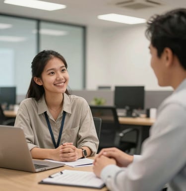 A consultative meeting between a professional consultant and a young Southeast Asian / Indonesian candidate in a modern office, friendly atmosphere, clean composition, warm lighting.