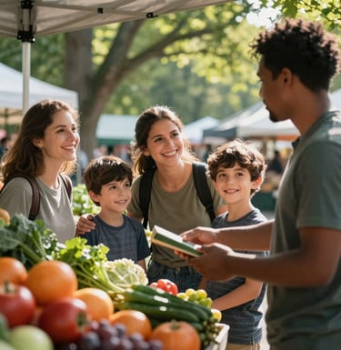A North American family smiling while interacting with a vendor at a farmers market stall. They are selecting fresh produce under a forest green canopy with natural sunlight.