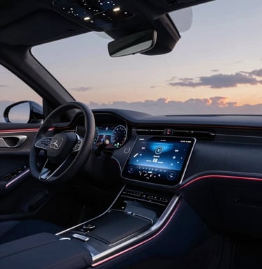 A professional wide shot of a luxury car interior at twilight, highlighting the glowing digital center console in Deep Navy and Soft Cloud lighting.