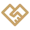 A gold handshake icon forming a heart shape on a black background, representing partnership and trust.