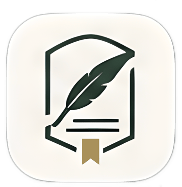 Minimalist quill pen and shield icon representing creative writing and academic storytelling.