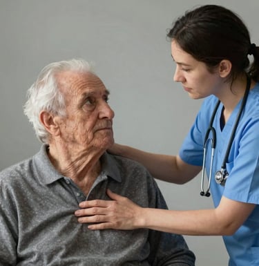 A supportive healthcare professional assisting an elderly person in a Southern European / Italian care home setting, soft light grey walls, warm and caring environment.