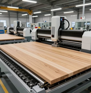A wide-angle shot of a clean, innovative CLT manufacturing facility in Central Europe, showing large automated CNC machines cutting Natural Oak colored timber panels, bright and professional industrial setting.