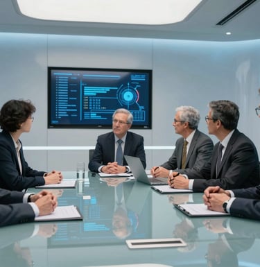A group of North American / International Professional experts in a futuristic glass boardroom discussing strategy. Sophisticated blue lighting accents the clean, minimalist interior and high-tech displays.