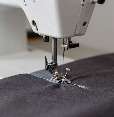 A close-up of a high-precision industrial sewing machine stitching dark #1A202C fabric. Sharp focus on the metallic needle and sophisticated movement, reflecting craftsmanship.