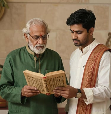 A serene photograph of a senior practitioner and a young professional in South Asian / Indian attire looking at traditional Ayurvedic texts together, warm lighting, deep green and earthy stone background.