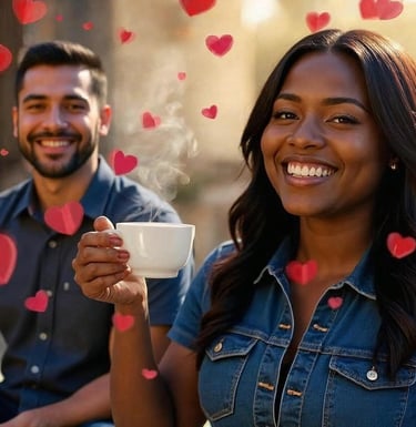 Smiling young couple on a romantic date at an outdoor cafe with floating heart icons.