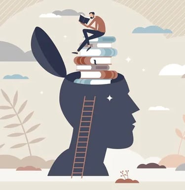 dessin d'une tete remplie d'une montagne de livre sur laquelle est assis un homme en train de lire.