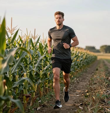 Action lifestyle shot. A fit person in athletic gear taking a break on a mountain trail, holding a bag of golden corn protein snacks. The lighting is warm like a late afternoon sun, with soft cream and dark forest green tones.