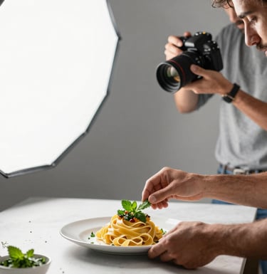 A professional food photography set in a Brazilian studio. A stylist is arranging fresh herbs on a plate of handmade pasta, while a photographer in casual attire adjusts a softbox light. The scene is clean, modern, and professional.