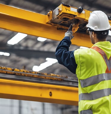 technician inspecting and repairing an overhdead crane
