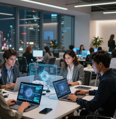 A wide shot of a futuristic coworking space in a bustling Latin American financial district. Young professionals work with holographic displays and sleek laptops under cool, ambient lighting.