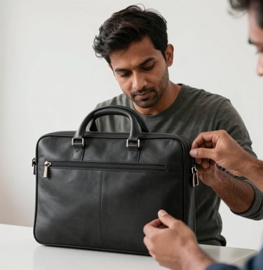 A professional South Asian / Indian artisan carefully inspecting the stitching of a charcoal black leather briefcase in a bright, modern studio with minimalist decor and white walls.