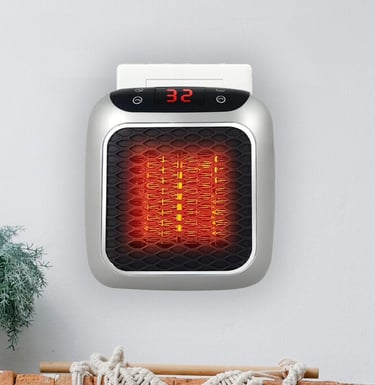 Compact WellHeater plugged into a wall socket, showing a 32°C digital display and glowing heating el