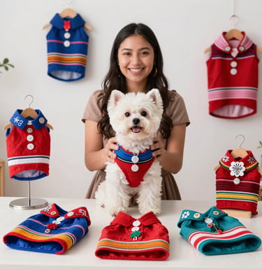 Una mujer sonriente muestra suéteres y chalecos para perros hechos a mano, junto a un perro maltés