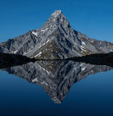 A minimalist and artistic photograph of a mountain peak reflected in a still, clear pool of water, located in a Southern European / Italian landscape. The color palette is dominated by Deep Ocean Blue and Slate Blue, representing depth and stability.