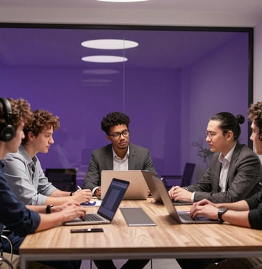 A group of professional digital creators collaborating in a stylish, glass-walled meeting room with subtle royal amethyst interior lighting and pearl white walls.