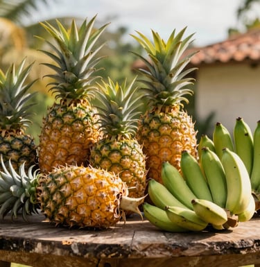 A vibrant composition of fresh tropical pineapples and green bananas displayed outdoors on a rustic table in a Latin American tropical setting, golden sunlight.
