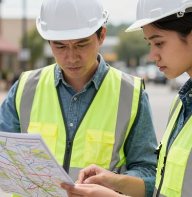 A close-up photograph of a professional engineer and a young student reviewing site maps outdoors in a North American town. Both are dressed in professional attire with safety vests, conveying collaboration and expertise.