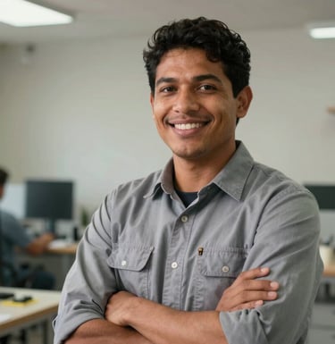 A confident South American / Brazilian worker in professional attire, smiling in a clean and organized workspace, conveying reliability, hope, and professional success.