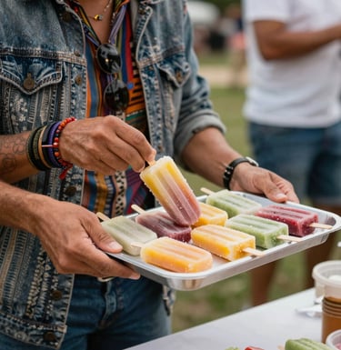 A stylish person in South American casual attire serving a tray of gourmet popsicles at an outdoor summer event. The composition is professional photography focusing on the interaction and the vibrant colors of the popsicles.