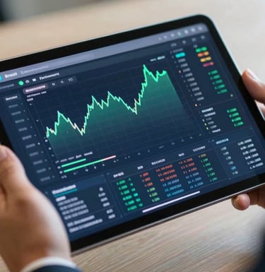 A close-up photograph of a sleek tablet displaying a sophisticated financial dashboard with green and blue charts, held by a person in a professional suit in a Brazilian business setting.