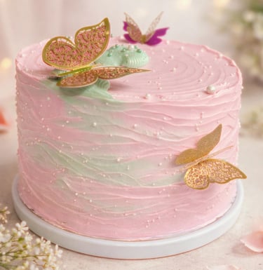 pastel color rosa con adornos de mariposa en color dorado y decorado con pequeñas perlas blancas
