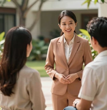 Candid cinematic photography of a friendly Southeast Asian hotel manager talking warmly with a guest family in a sunlit garden setting. The interaction is genuine and warm. Palette includes soft sand and terracotta tones, professional lighting.