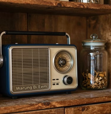 A cozy corner of Warung Bi Eem with an old radio, vintage glass jars, and warm wood textures. The style is modern yet nostalgic, utilizing colors #D4ECF7 and #2A3F5B.